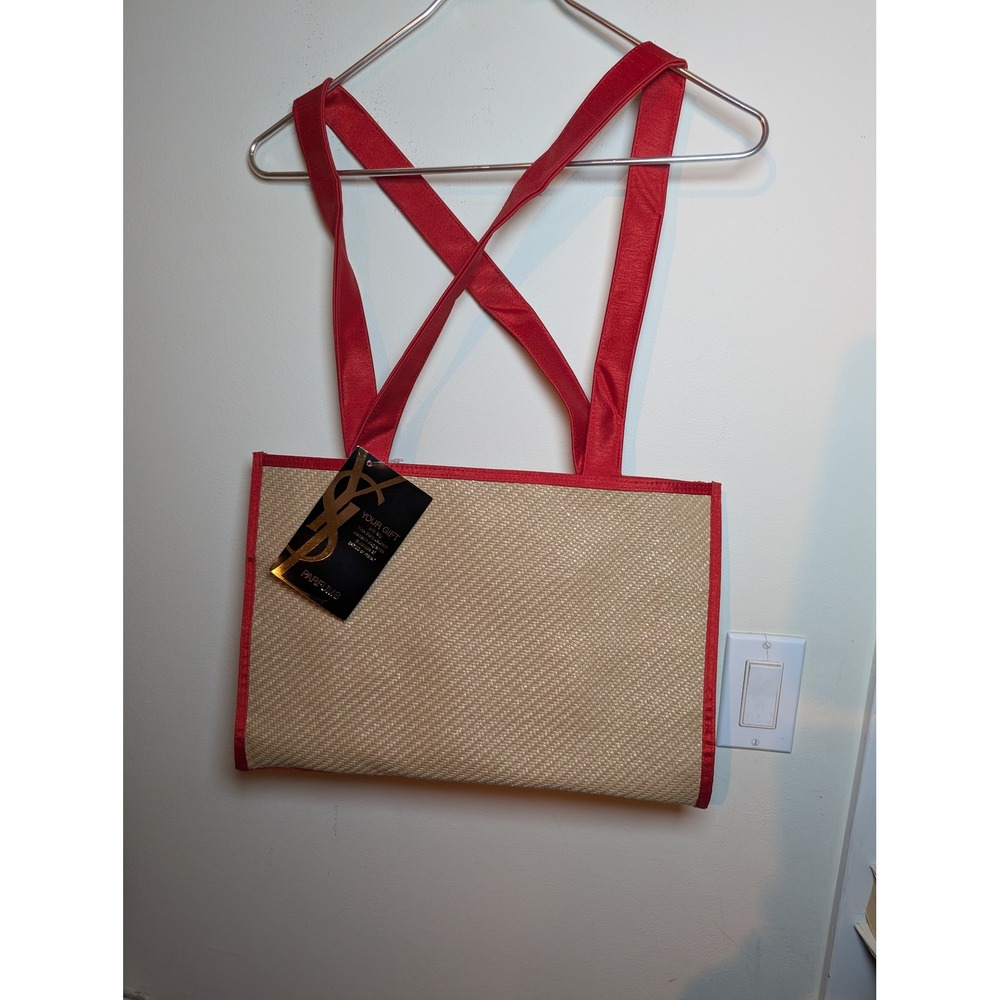 Yves Saint Laurent Parfums Deep Coral Raw Silk Like and Raffia Tote Bag